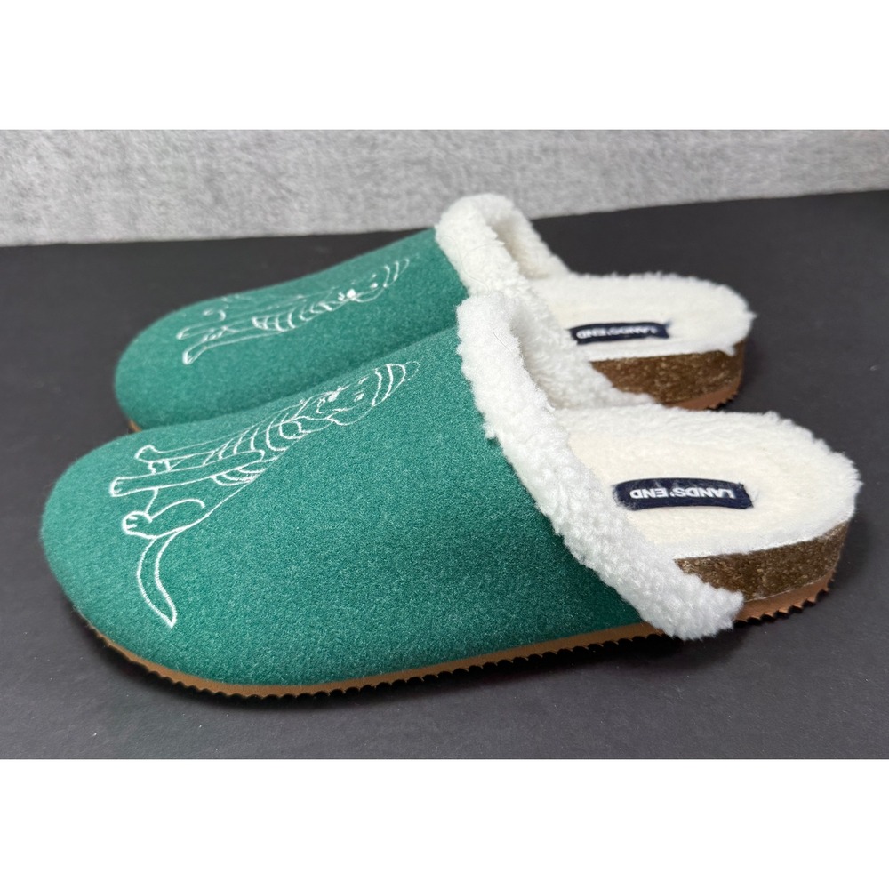 Lands' End Felt Scuff Slippers Womens 8 Green Dog Embroidery Faux Fur Clogs - Picture 2 of 9